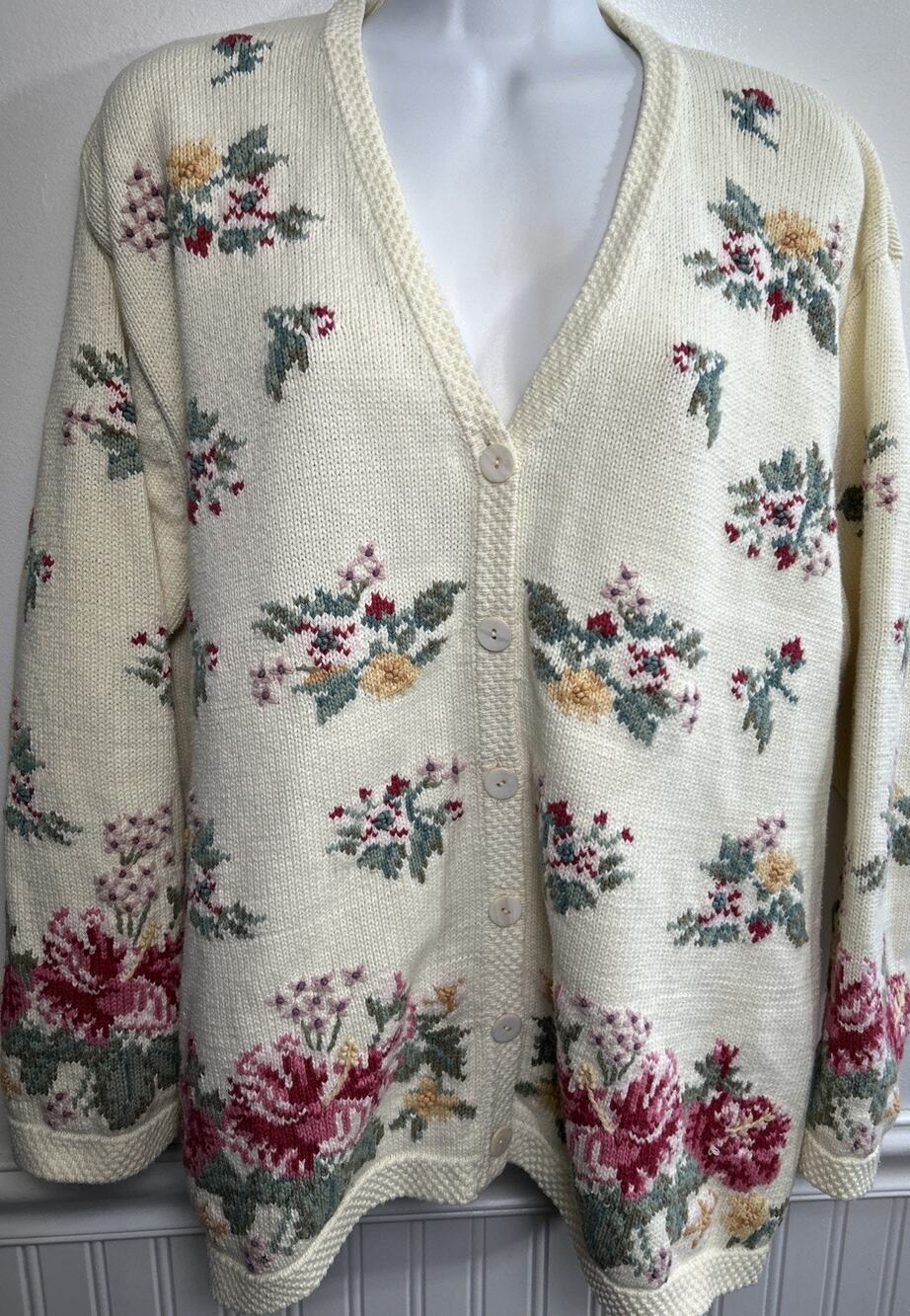 Vintage Talbots Knit Floral Embroidered 3D Cardigan Sweater L Cotton Cottagecore